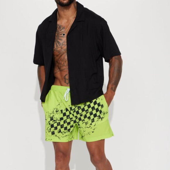 BUNDLE of 2 Fashion Nova Checkered Past and Solid Green Swim Trunks SZ XL - Picture 1 of 11